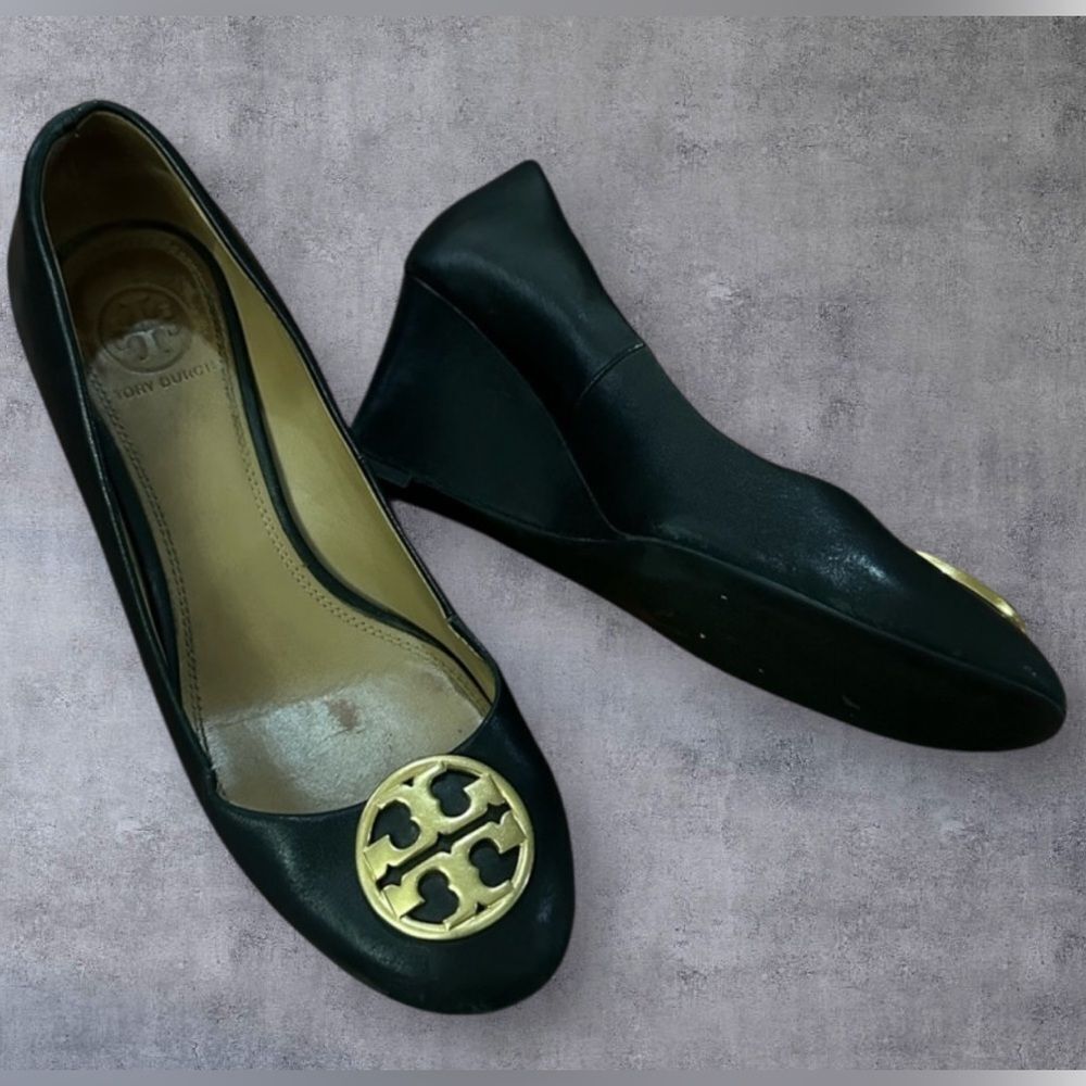 Tory Burch Black Leather Wedges with Gold Logo Medallion
